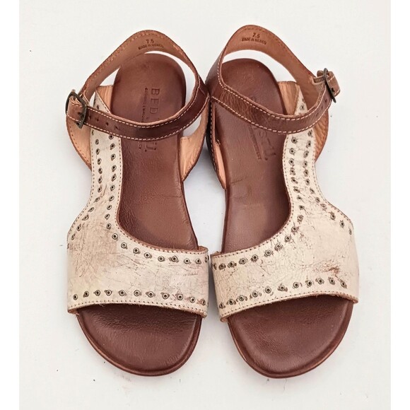Bed Stu Auburn Flat Sandal Brown/Distressed Ivory Leather Stud Trim Handmade 7.5 - Picture 2 of 11
